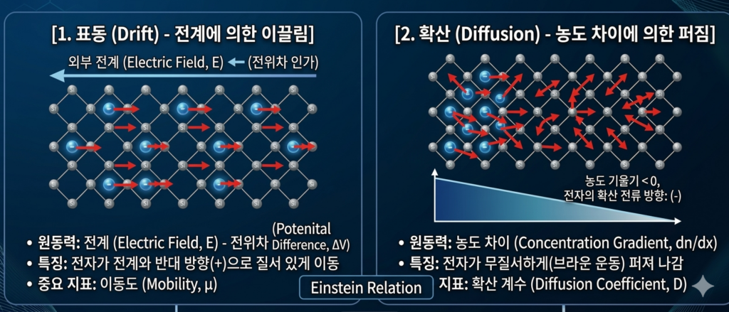 표동(drift)과 확산(diffusion)에 의한 전류 흐름 비교